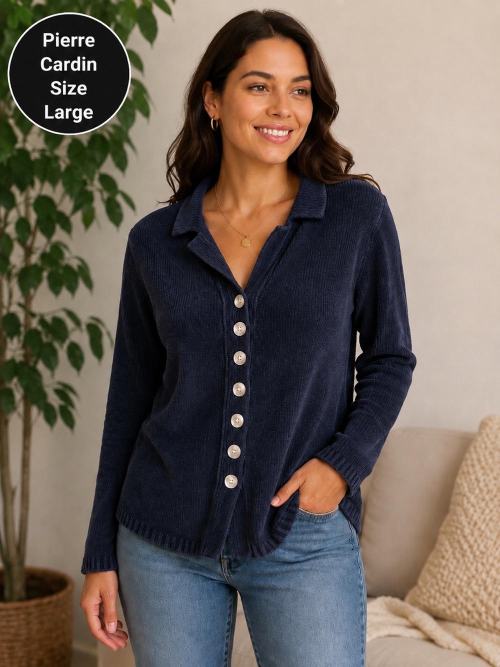 Pierre Cardin Navy Silk Blend Cardigan Sweater Size Large Button Front Collared